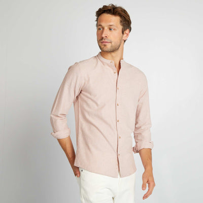 Striped shirt with mandarin collar BROWN