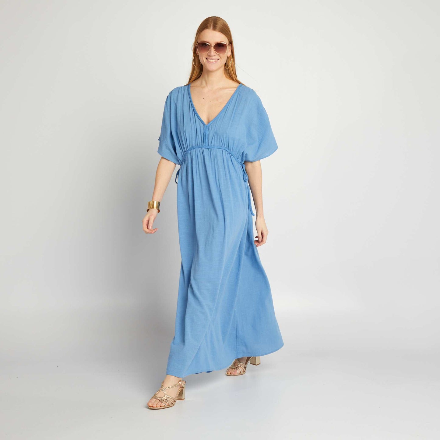 Long double cotton gauze dress blue