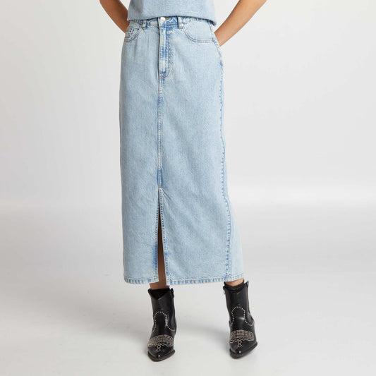 High-waisted long denim skirt BLUE