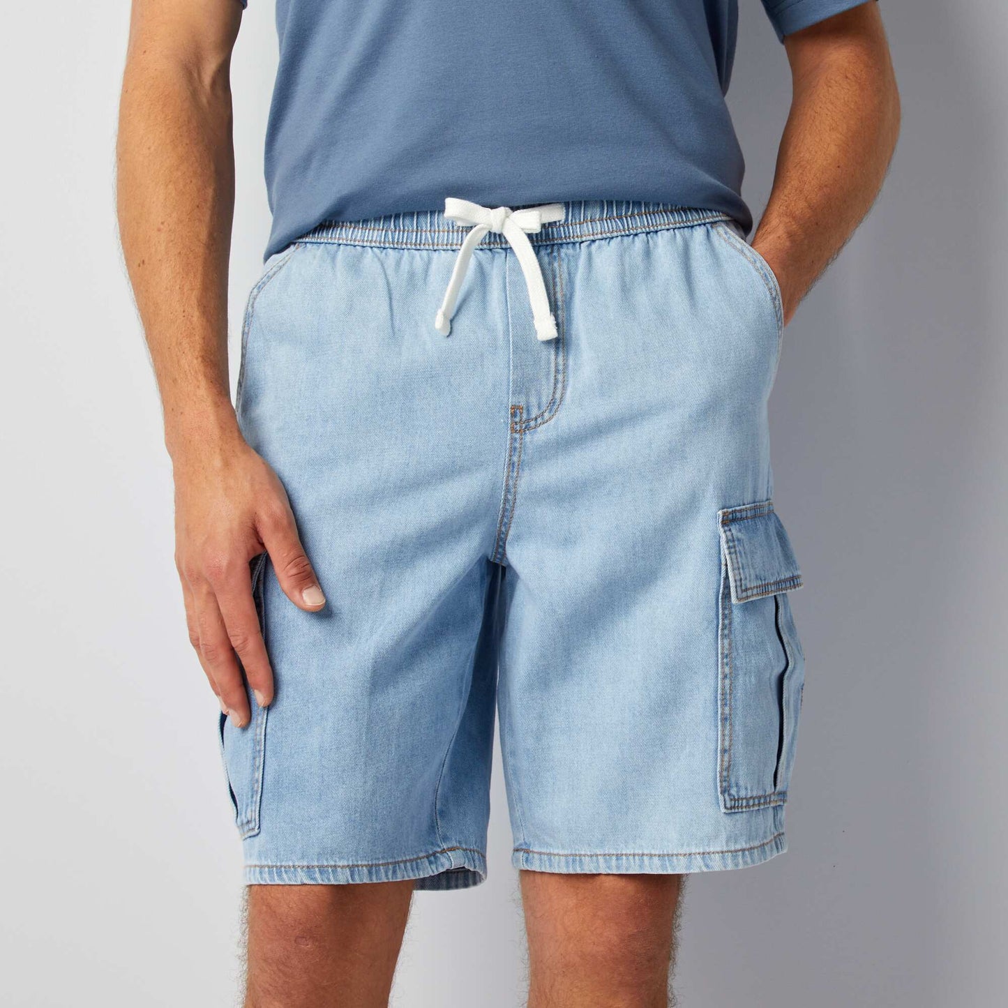 Multi-pocket cotton and hemp shorts BLUE