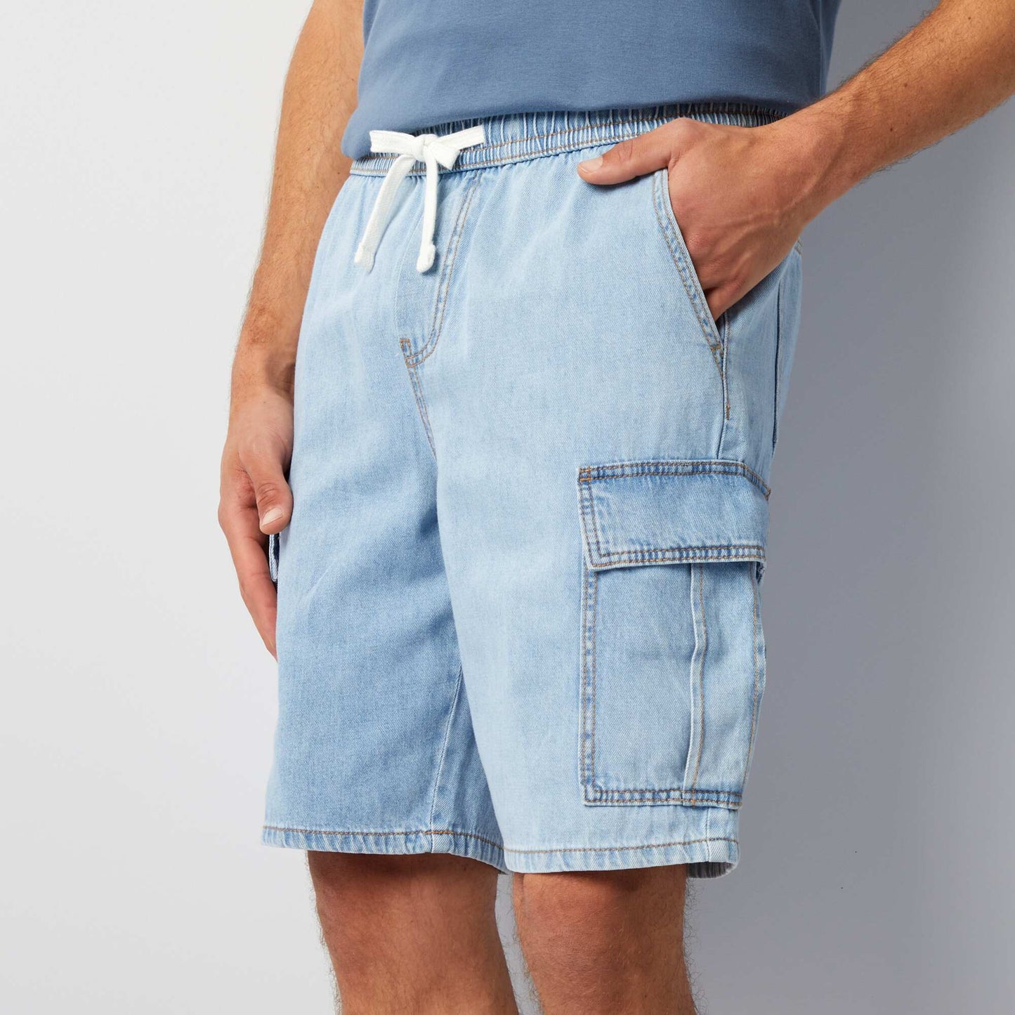 Multi-pocket cotton and hemp shorts BLUE