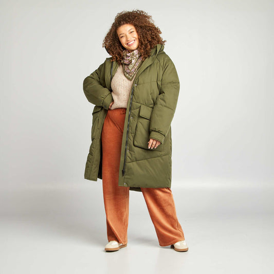 Long warm hooded padded coat KHAKI