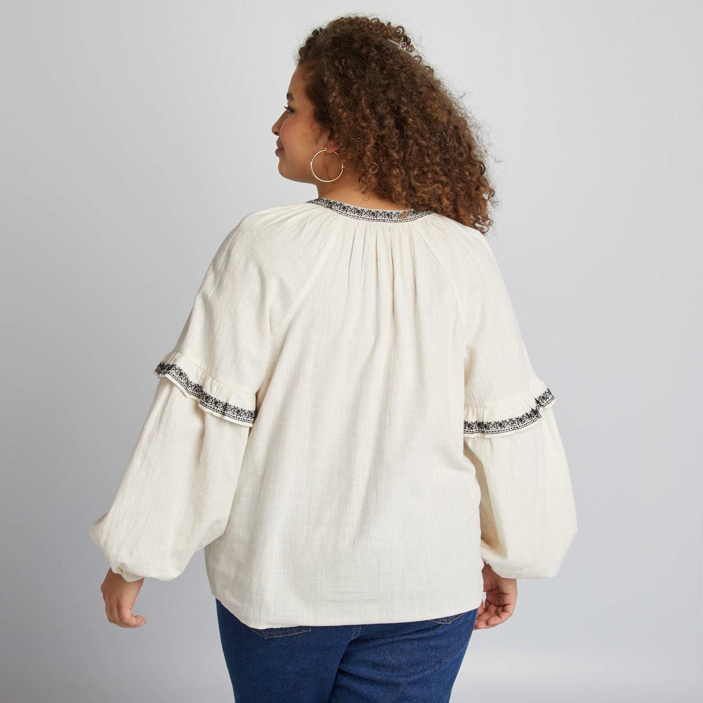 Cotton gauze blouse with embroidered patterns BEIGE