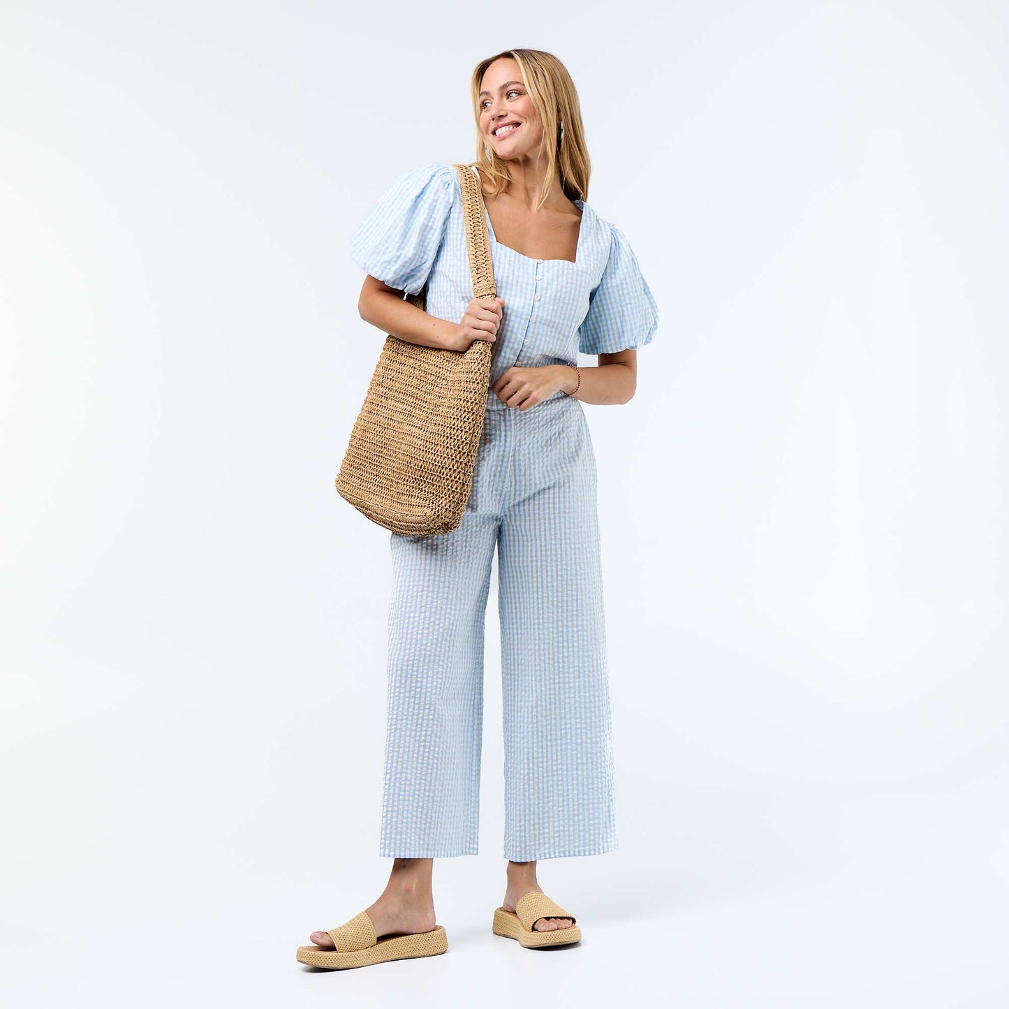 Waffle Knit Wide-Leg Trousers BLUE