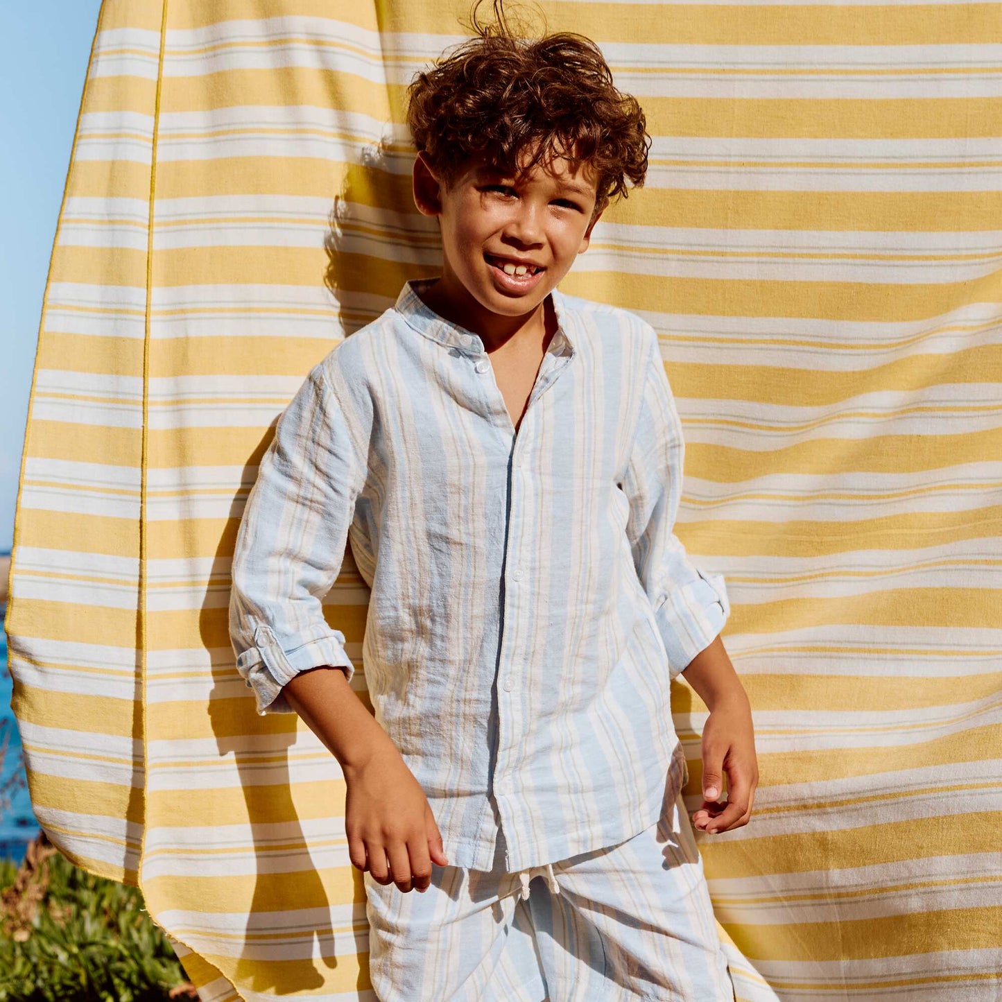 Striped Linen-Cotton Mao Collar Shirt BLUE