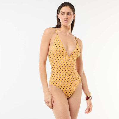 Plunge One-Piece Swimsuit with Jewelry Detail YELLOW