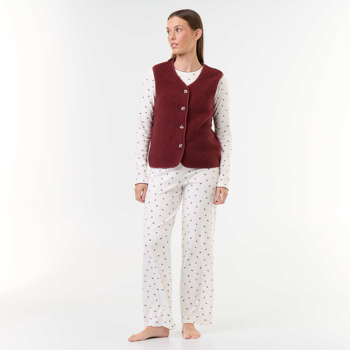 Pointelle knit pajama set + faux shearling vest - 3 pieces WHITE