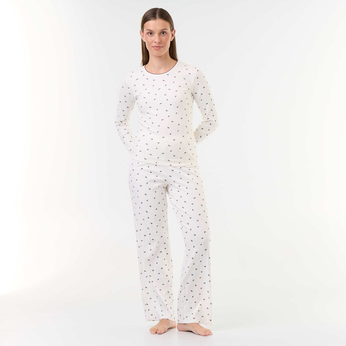 Pointelle knit pajama set + faux shearling vest - 3 pieces WHITE