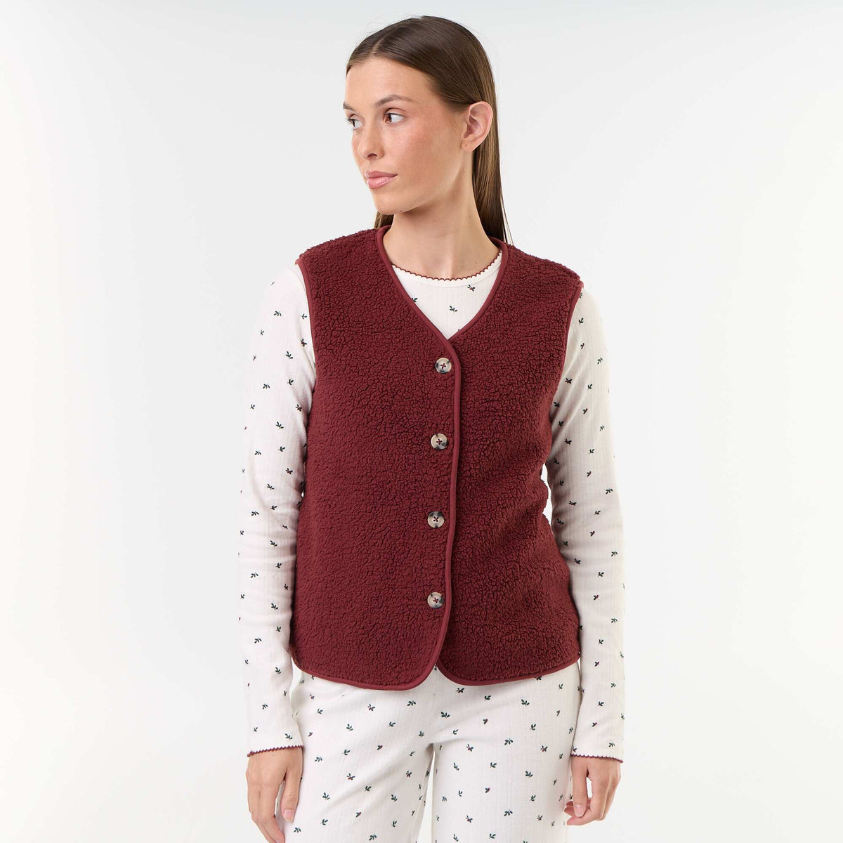 Pointelle knit pajama set + faux shearling vest - 3 pieces WHITE