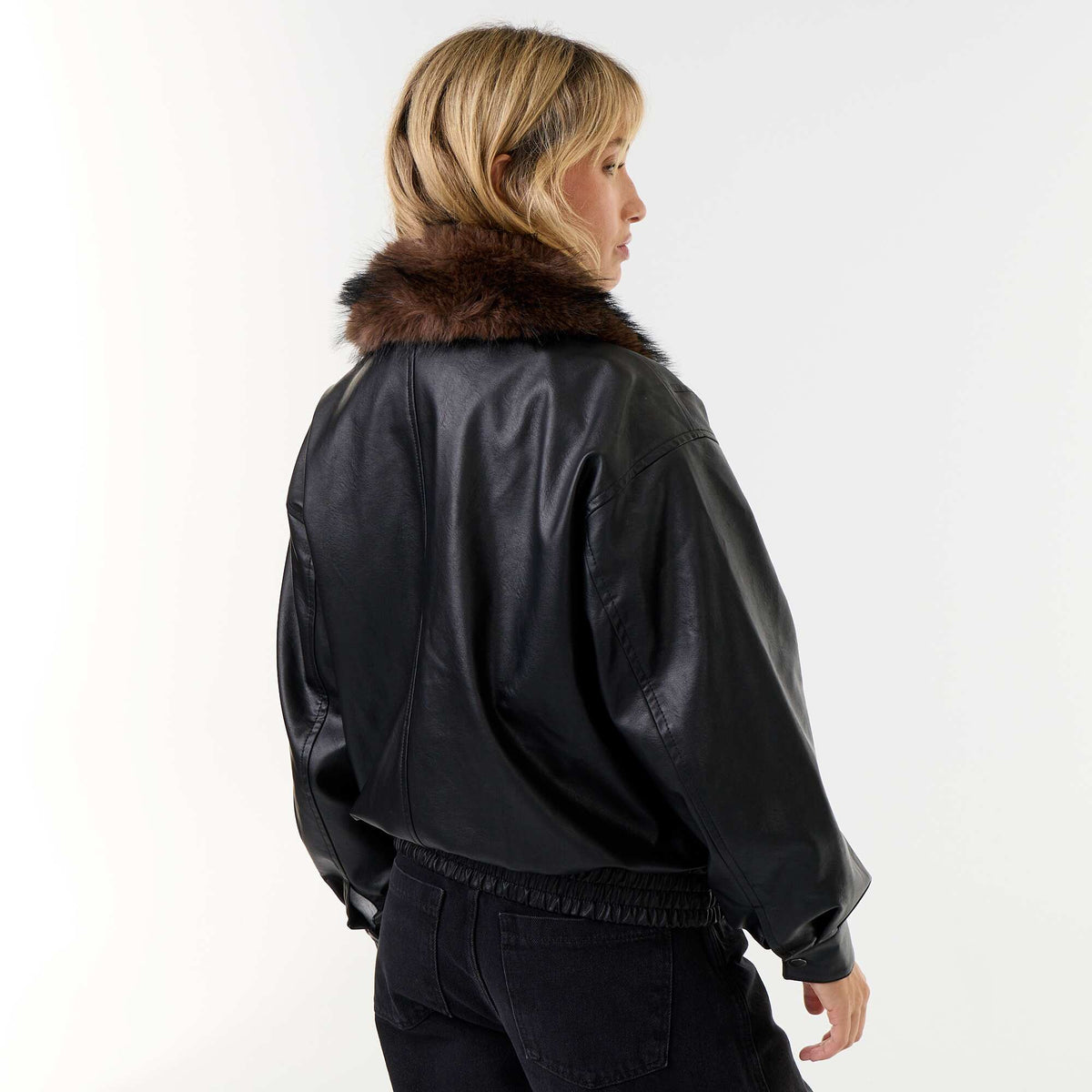 Oversized Faux Leather Jacket with Removable Fur Collar BLACK