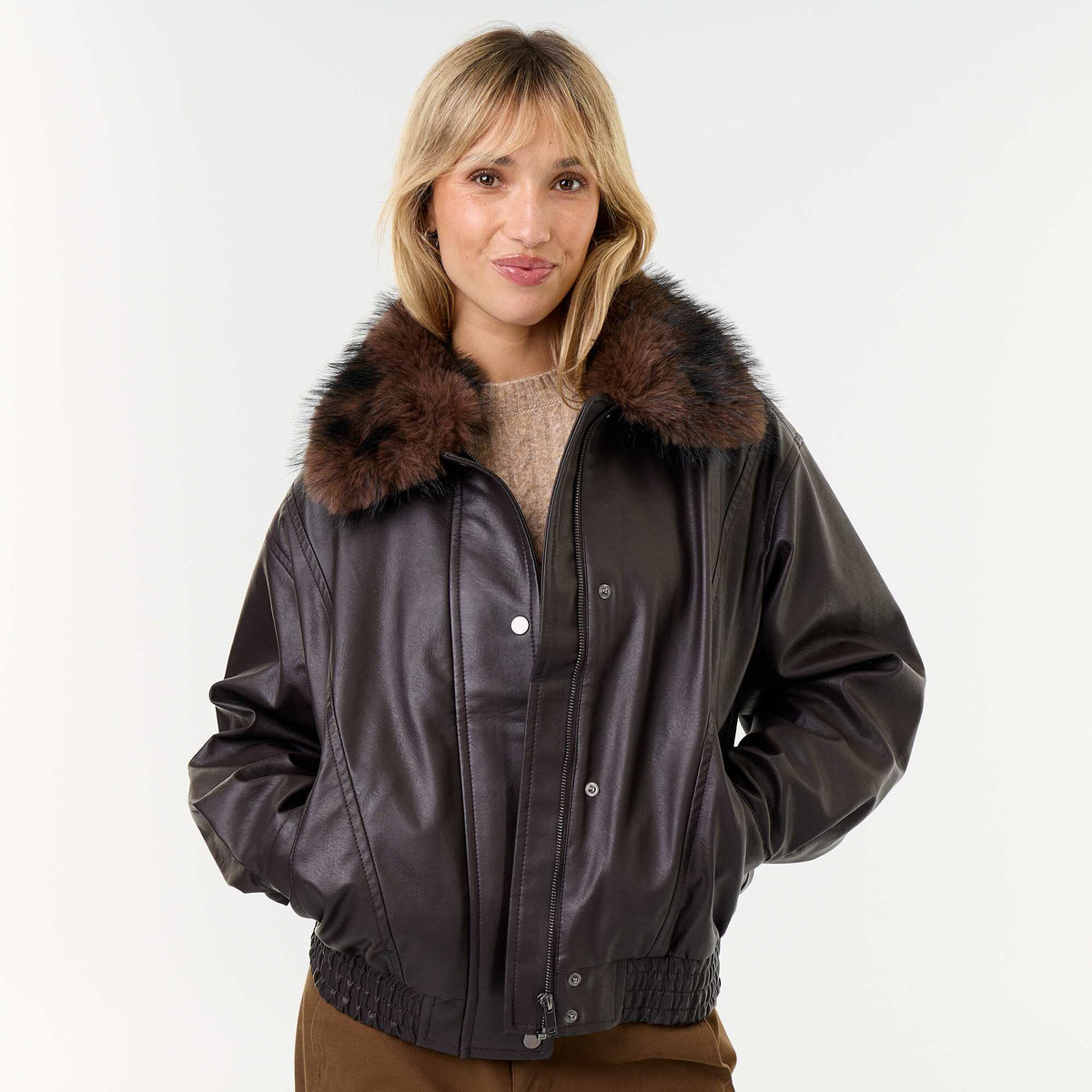 Oversized Faux Leather Jacket with Removable Fur Collar BROWN