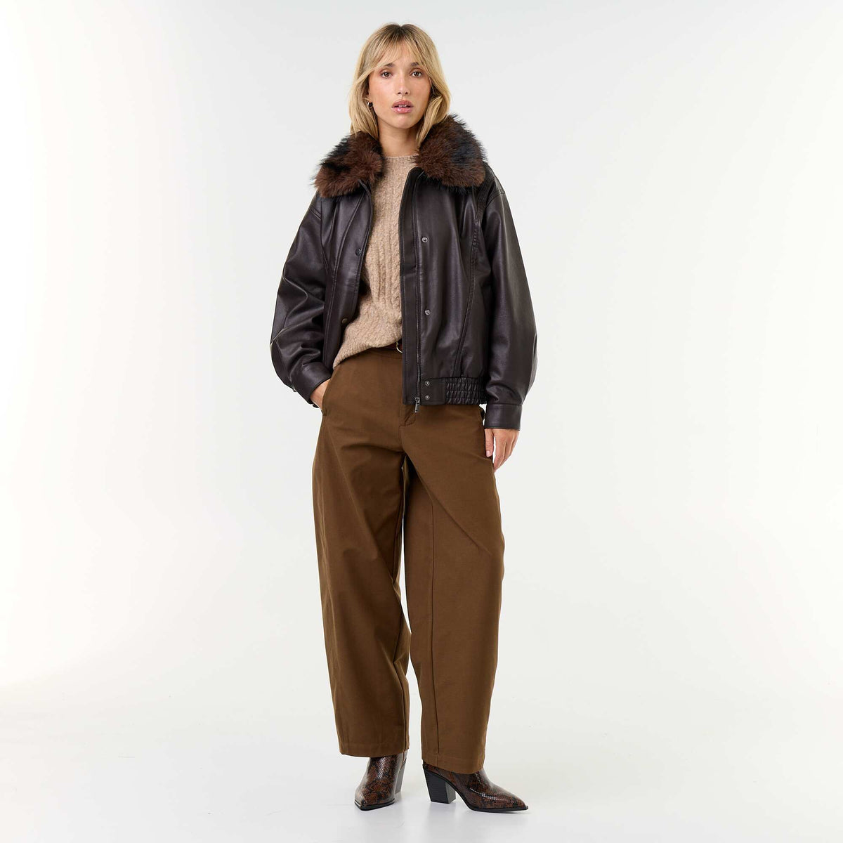 Oversized Faux Leather Jacket with Removable Fur Collar BROWN