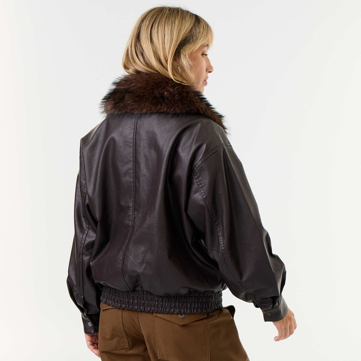 Oversized Faux Leather Jacket with Removable Fur Collar BROWN
