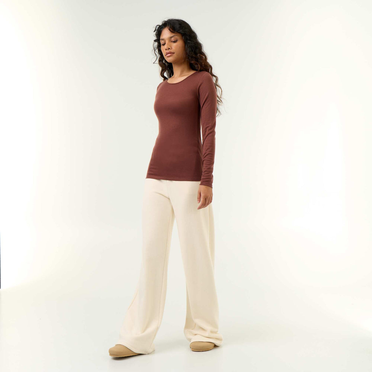 Long-sleeved wool blend T-shirt BROWN