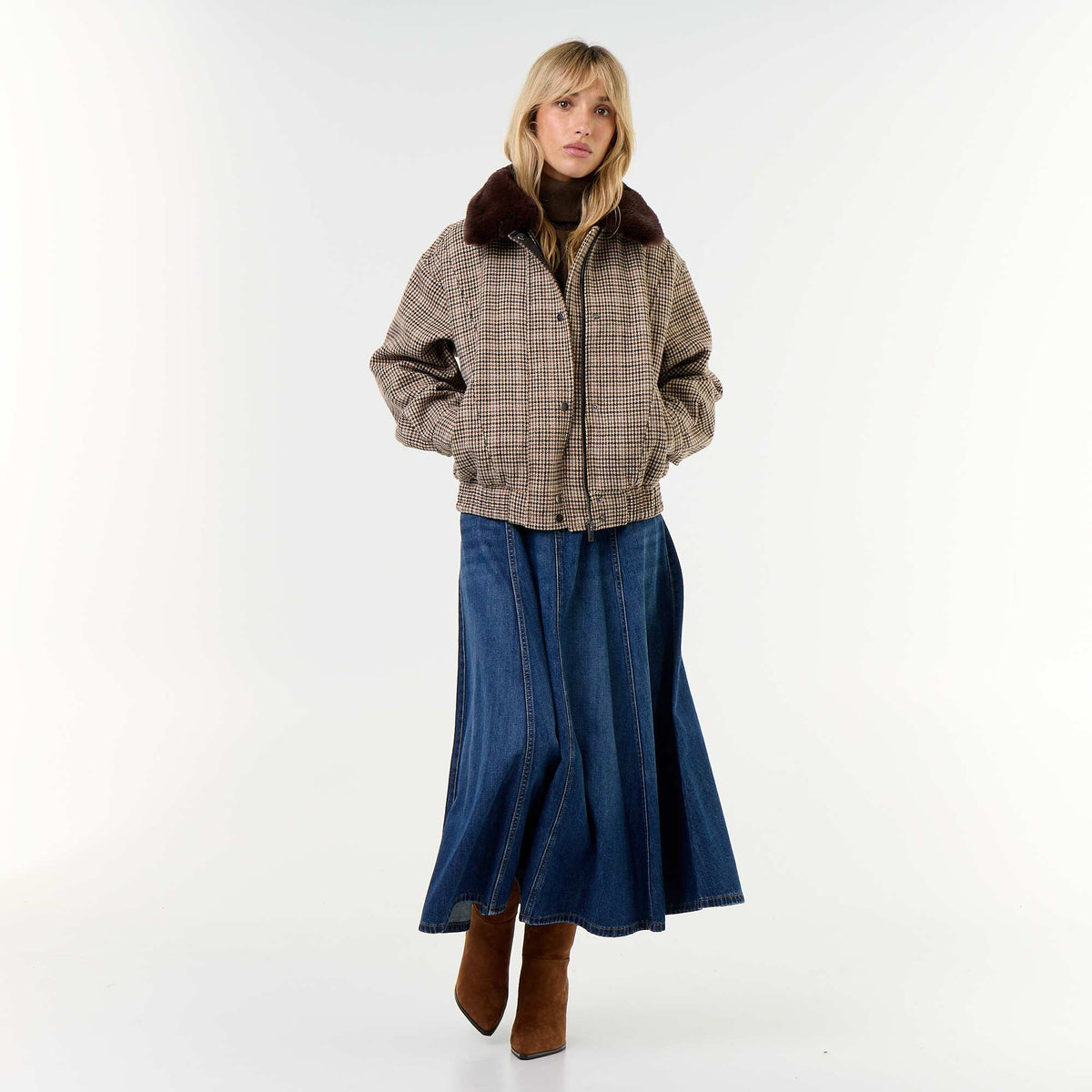 Oversized wool-look jacket with removable faux fur collar BEIGE