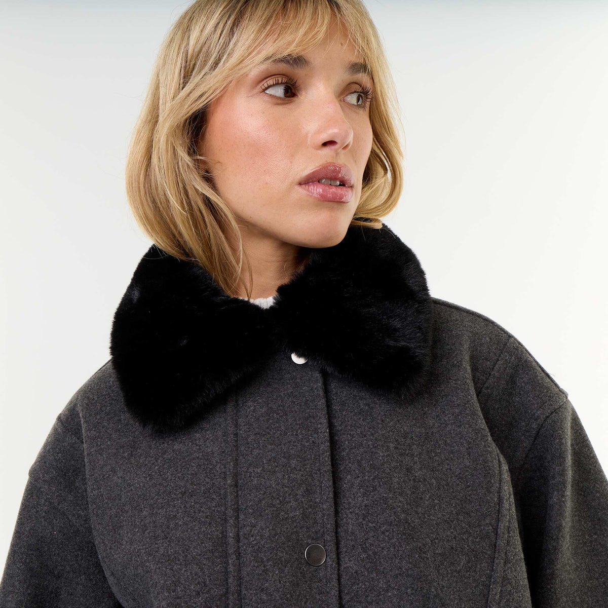 Oversized wool-look jacket with removable faux fur collar GREY