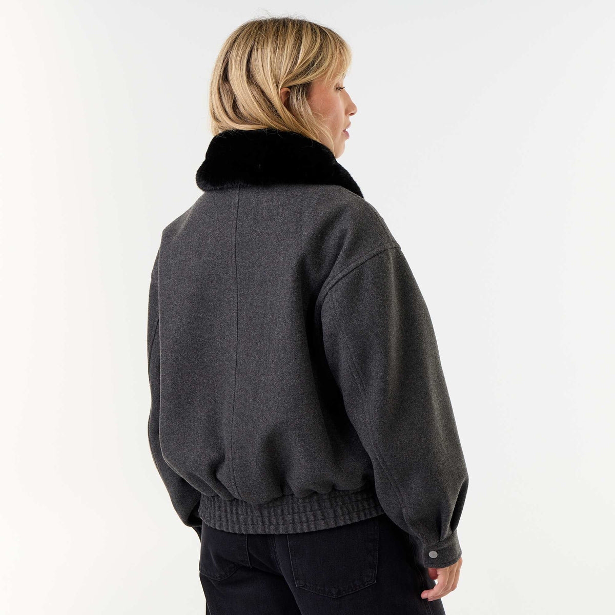 Oversized wool-look jacket with removable faux fur collar GREY