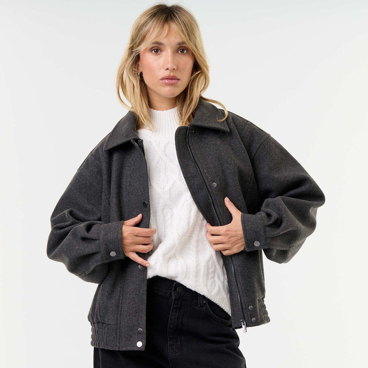 Oversized wool-look jacket with removable faux fur collar GREY