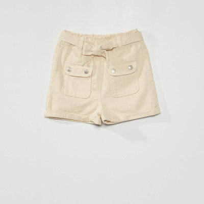 Denim paper bag shorts with tie belt BEIGE