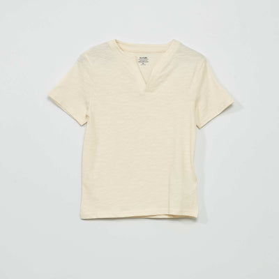 Mouliné knit T-shirt with deep V-neck BEIGE