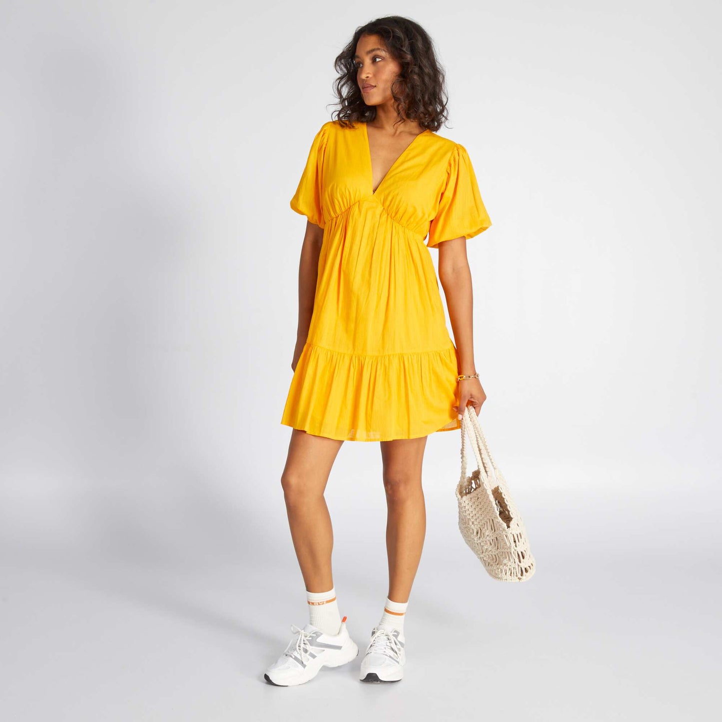 A-line ruffled cotton voile dress YELLOW