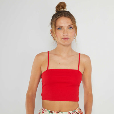 Ribbed bandeau-style crop top bright red
