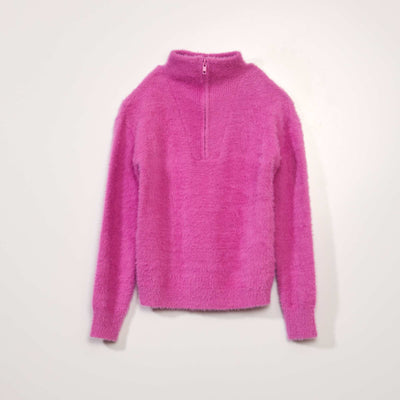 Fuzzy-knit jumper with high zipped collar SUPER PINK