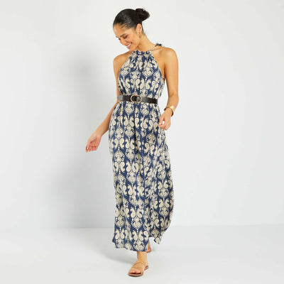 Long printed dress with button-down collar BLUE