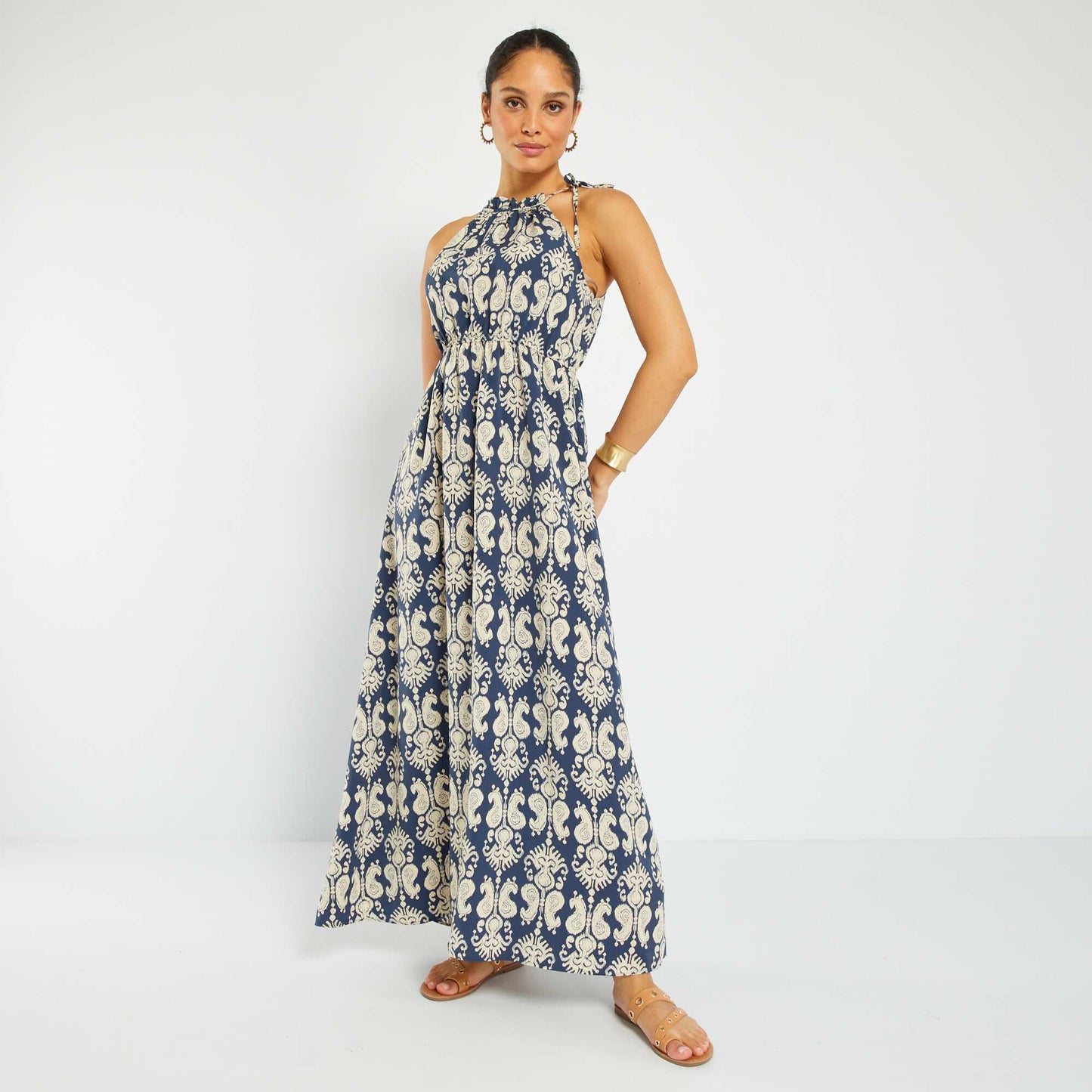 Long printed dress with button-down collar BLUE