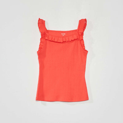 Pointelle vest top with ruffles cayenne red